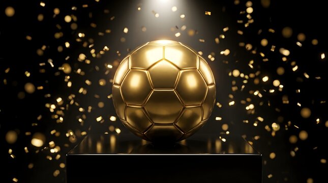 Golden soccer ball on a pedestal with falling confetti