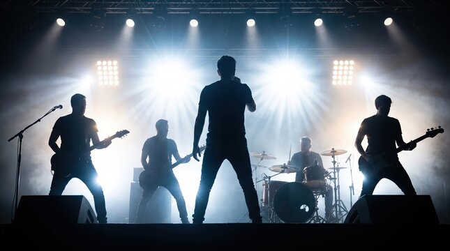 Silhouettes of a rock band performing live on stage under bright spotlights, energetic concert experience