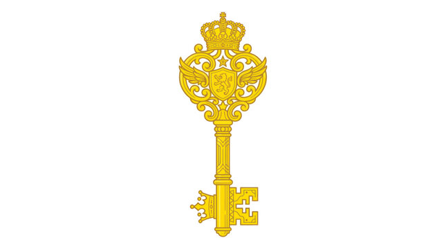 Ornate golden royal skeleton key with crown and wing emblems