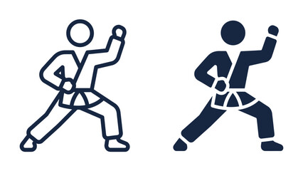 Karate Pose Icons: Two stylized icons depicting a karate practitioner in a dynamic fighting stance, showcasing martial arts discipline and readiness. © Ajm