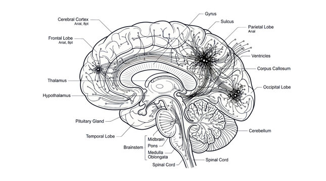 Human brain anatomy diagram with medical labels and cross section