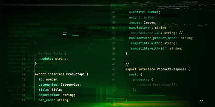 Programming code display with script elements and glitch effects on black background. Vector realistic illustration of green digital screen backdrop, software development, data structure lines