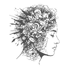 Confused and overwhelmed mind concept, profile portrait with head full of question marks, stippled black and white illustration © Up_An_Stock