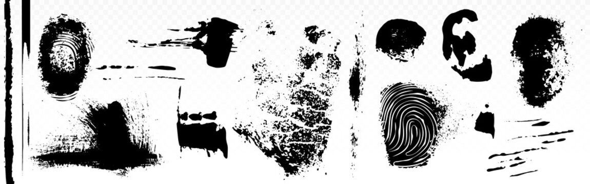 Realistic fingerprint patterns, thumbprint black ink smudges with splatters, vector human identification marks isolated on transparent background. Forensic evidence, crime investigation, police clue