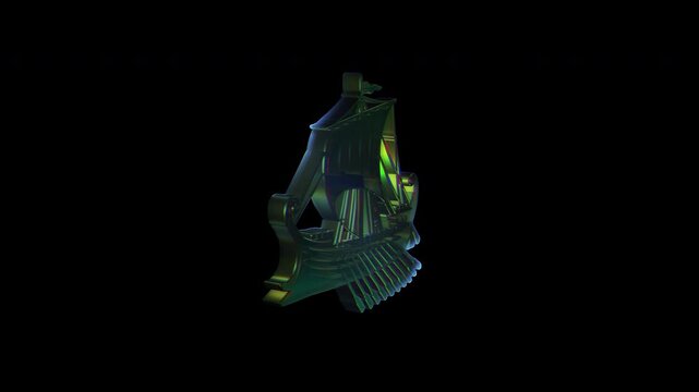 Ancient greek trireme galley ship rotating on black background