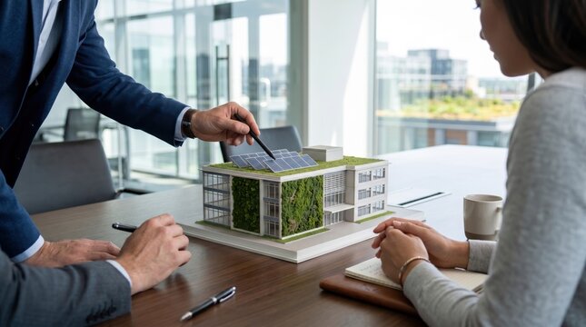 Business meeting discussing sustainable green building model with solar panels and vertical garden, eco-friendly urban architecture concept