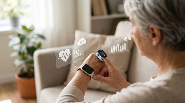Senior woman checking vital signs with pulse oximeter and smartwatch, home health monitoring concept, digital data visualization for heart rate and oxygen levels