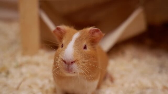 Adorable ginger and white guinea pig eating a treat from its owner's hand in a cage with sawdust