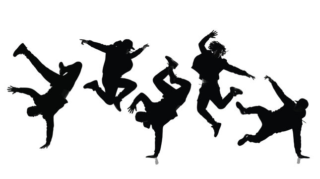 Multiple talented hip hop dancers performing dynamic breakdance moves in high contrast black and white silhouette isolated on white background