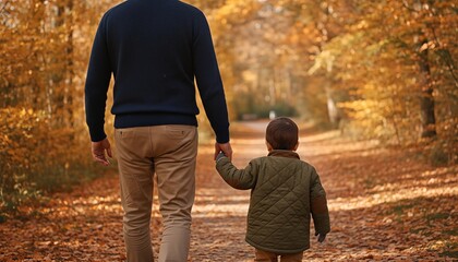 Obraz premium Middle aged man and small child walking through a vibrant autumn park, capturing a tender moment of connection and family warmth under golden sunlight