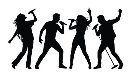 Fototapeta premium Group of energetic young singers performing with microphones on stage in a high contrast black and white silhouette art style