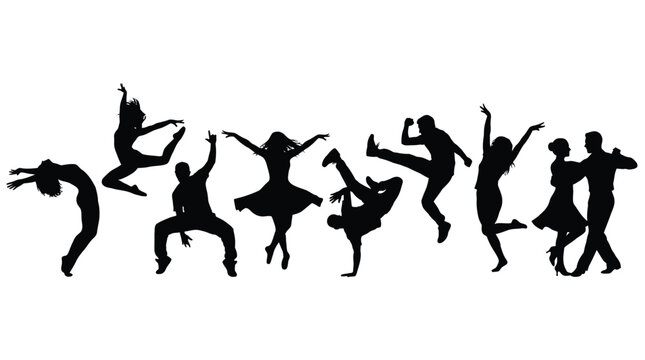 Diverse group of people performing various energetic dance styles including ballet hip hop and ballroom in detailed black silhouette form