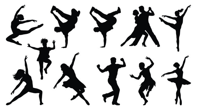 Diverse collection of professional dancers performing various energetic movements in sharp black silhouettes isolated on a clean white background design