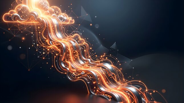 Glowing orange data stream flowing from a digital cloud technology network