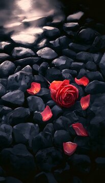Crimson rose melancholy beauty decay art illustration cinematic dramatic lighting stock photo image