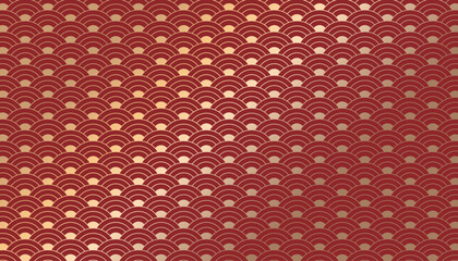 Luxury japanese seigaiha wave pattern in red and gold, seamless traditional geometric background, perfect for lunar new year celebrations and festive designs. © mei