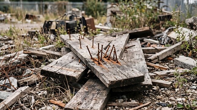 Old wooden planks with rusty nails posing tetanus hazard