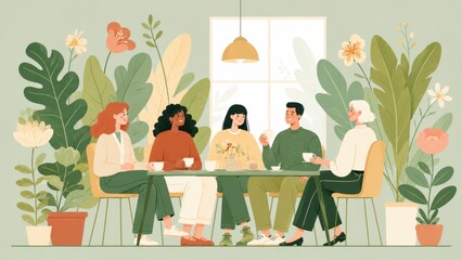 Obraz premium Diverse friends enjoying coffee in a lush botanical cafe illustration with soft green floral decor