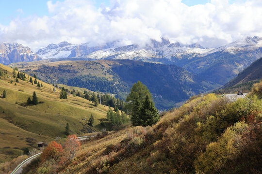 Autumn landscape at Sass Pordoi - Pordoijoch, South Tyrol, Italy