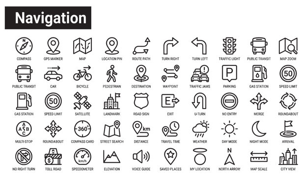 Navigation Map Travel Line Icons Set Isolated on White Background Vector