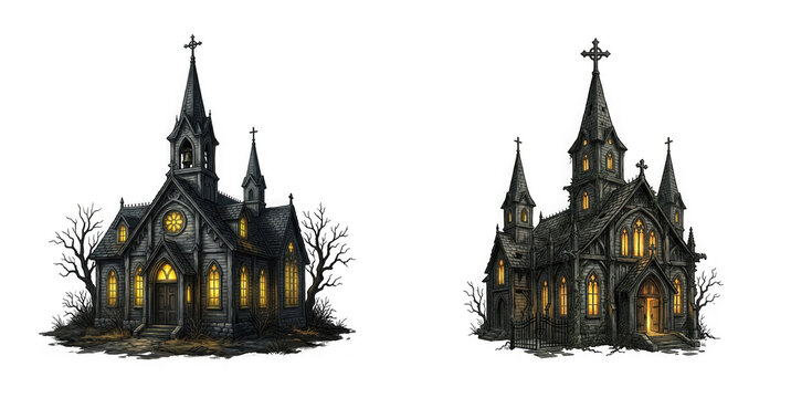 Dark gothic spooky church building with illuminated stained glass isolated on transparent background