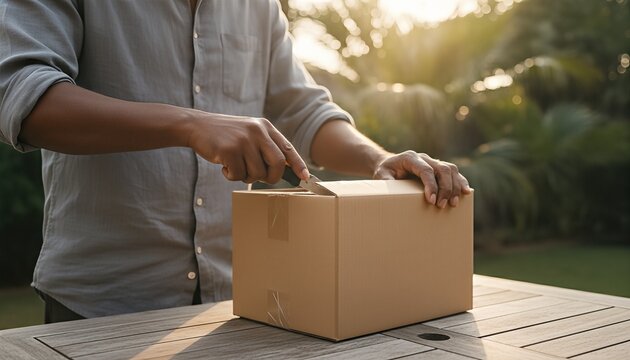 Middle aged man opening a plain cardboard package on a rustic outdoor table in a sun drenched garden during golden hour