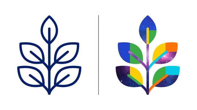 Leaf logo icon, simple outline vs colorful abstract design