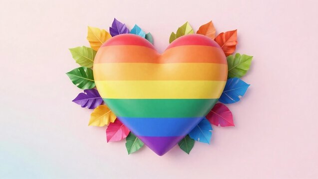Rainbow Pride Flag Heart with Colorful Fall Leaves on Pink Background
