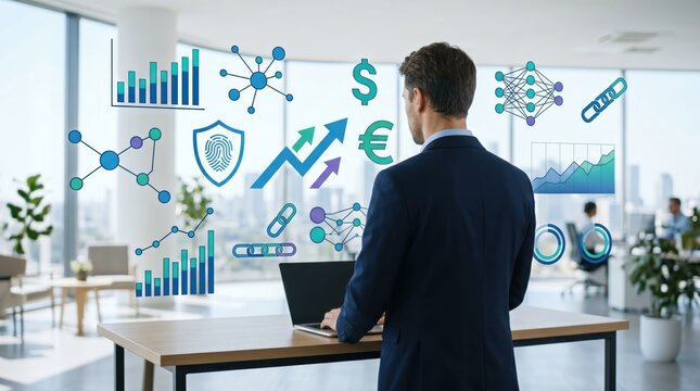 Businessman working with laptop surrounded by financial charts, blockchain networks, and cryptocurrency symbols, stock market analysis, investment growth, fintech concept