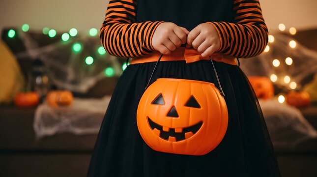 Happy halloween child holding jack o' lantern candy bucket for trick or treating