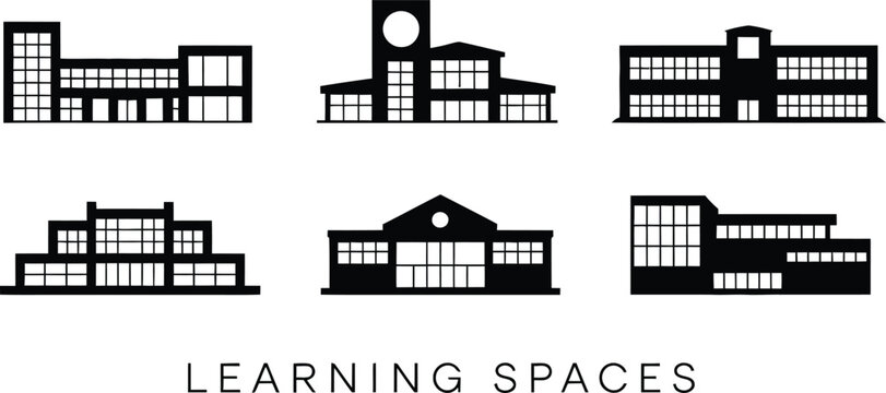 School buildings illustrate various educational institutions and learning spaces for architectural project mockups.
