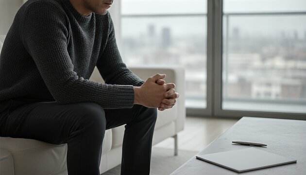 Middle aged man sitting slumped on a contemporary grey sofa in a dimly lit minimalist apartment, reflecting a pensive and somber atmosphere
