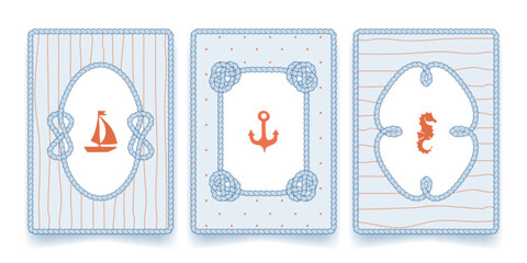 Maritime rope frame with vintage nautical border and blue background with dotted or line pattern, cartoon vector posters. Ocean or sea card design with sailor knots, sailboat, anchor, and seahorse © klyaksun
