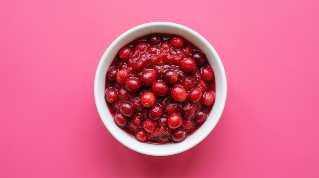 Vibrant bowl of fresh whole cranberries and sweet sauce, captured from above on a bright pink background.