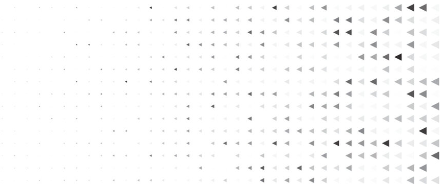 Fading triangle halftone texture gradient pattern. Abstract diagonal geometric background. Tech mosaic triangular halfton gradation. Vector vanishing corner arrow wallpaper for banner, booklet, poster