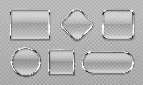 Glossy chrome button with metallic silver frame, shiny glass design and realistic glare effect, 3d vector set on transparent background. Modern steel badge icon templates for premium interface