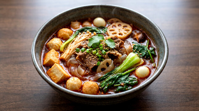 Vibrant Chinese Mala Tang: Fiery Spicy Hot Pot Dish, Single Isolated Serving, Rich Broth, Fresh Ingredients. Professional Commercial Stock Photogra...