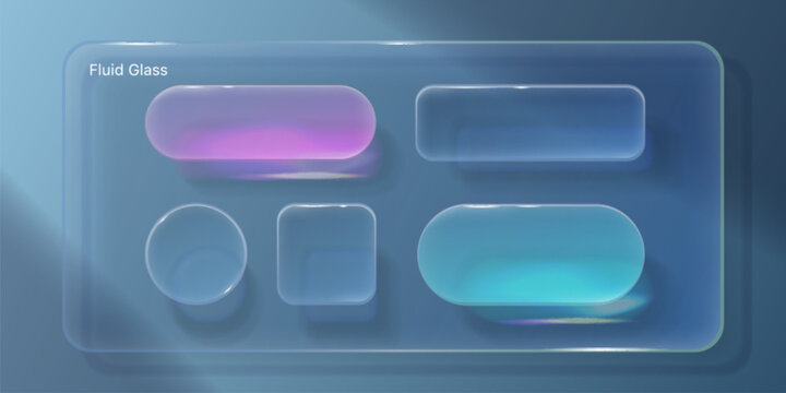 Transparent liquid glass ui buttons with fluid texture, blur effect, modern 3d vector design elements on background. Glassmorphism frame icons, search bar for futuristic app interface and web design