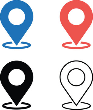 Location pins show navigation markers in blue, red, black, and outline styles for map and digital interfaces.