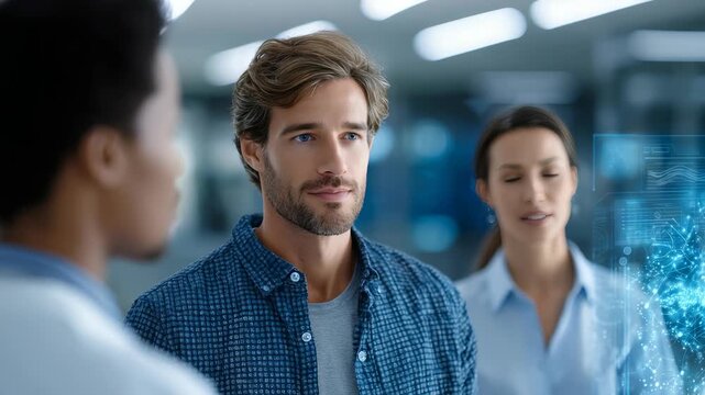 A diverse group of colleagues engages in discussion, surrounded by advanced digital interfaces in a contemporary office. The scene highlights modern business, innovation, and collaborative spirit