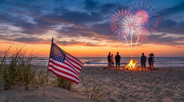 American flag beach family celebration summer fireworks American flag beach family celebration summer fireworks. US patriotic independence. freedom liberty, united community gathering