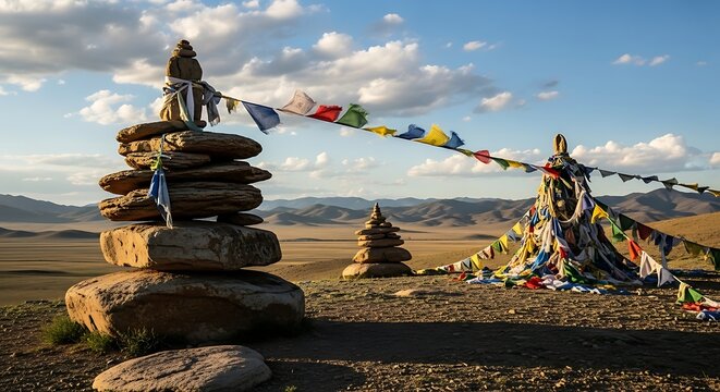Serene Tibetan Mountain Landscape with Prayer Flags and Stupas.