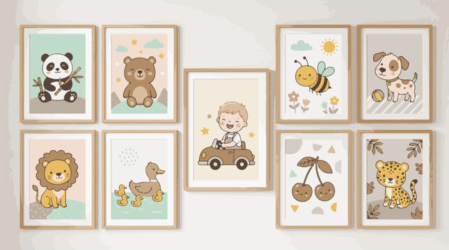 Cute nursery poster vector collection with sweet animals panda bear lion duck bee puppy leopard and kids wall art decoration