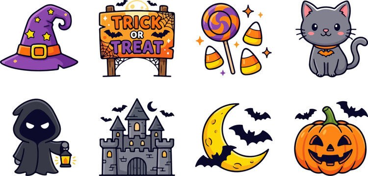 Halloween themed cartoon stickers with witch hat trick or treat sign candy cat ghost castle moon and pumpkin
