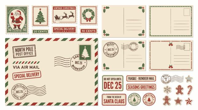 Vintage Christmas mail vector collection with retro post cards envelope stamps santa claus reindeer and holiday greetings design elements