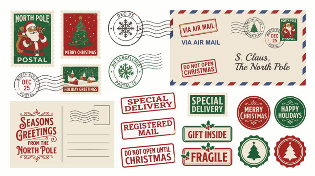 Vintage Christmas mail vector collection with retro post card envelope stamps santa claus stickers and winter holiday greetings elements