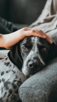 A black and white spotted dog sleeps soundly on a comfortable couch, feeling safe and loved. The owner&rsquo;s hand gently rests on the dog, creating a serene and affectionate atmosphere