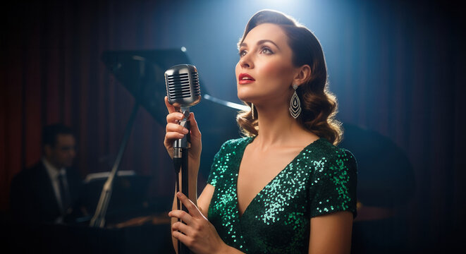 Caucasian jazz singer woman holding vintage microphone performing emotional ballad on stage, music entertainment and live performance