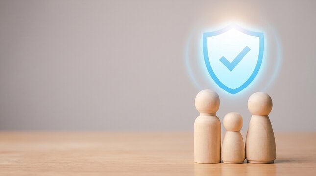 Family protection concept using wooden figurines and security shield representing life insurance, financial safety and long term savings planning for household stability.