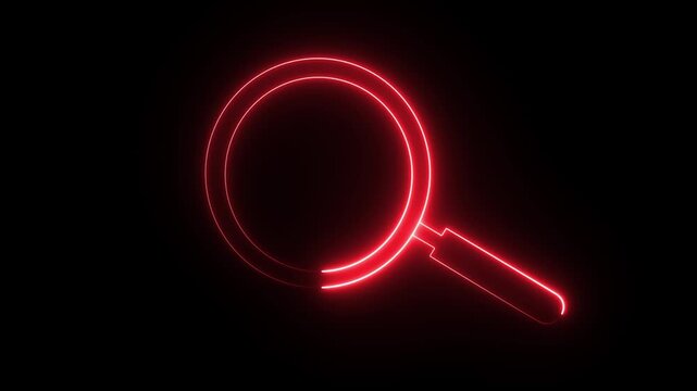 A red neon magnifying glass icon against a black background.
